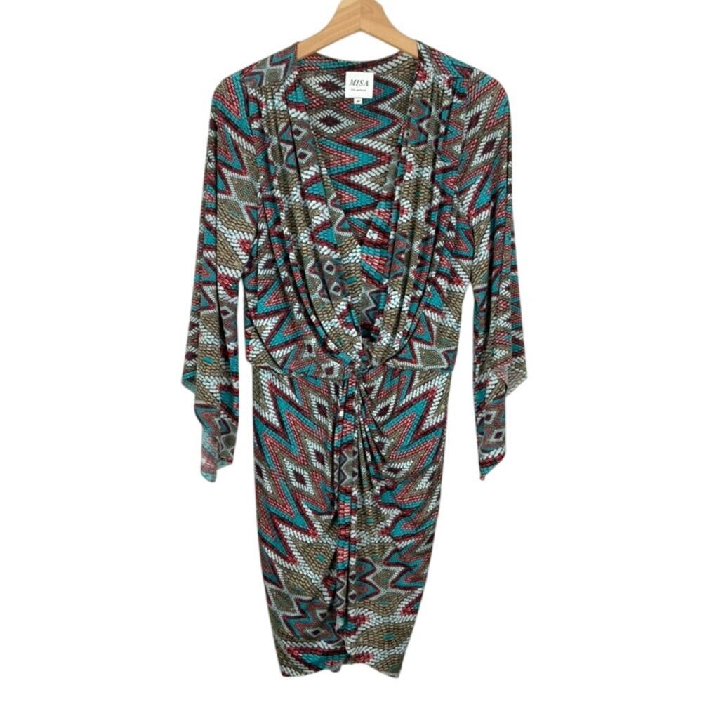 MISA Los Angeles Teget Geometric Print Twist Front Midi Dress Womens Size Medium